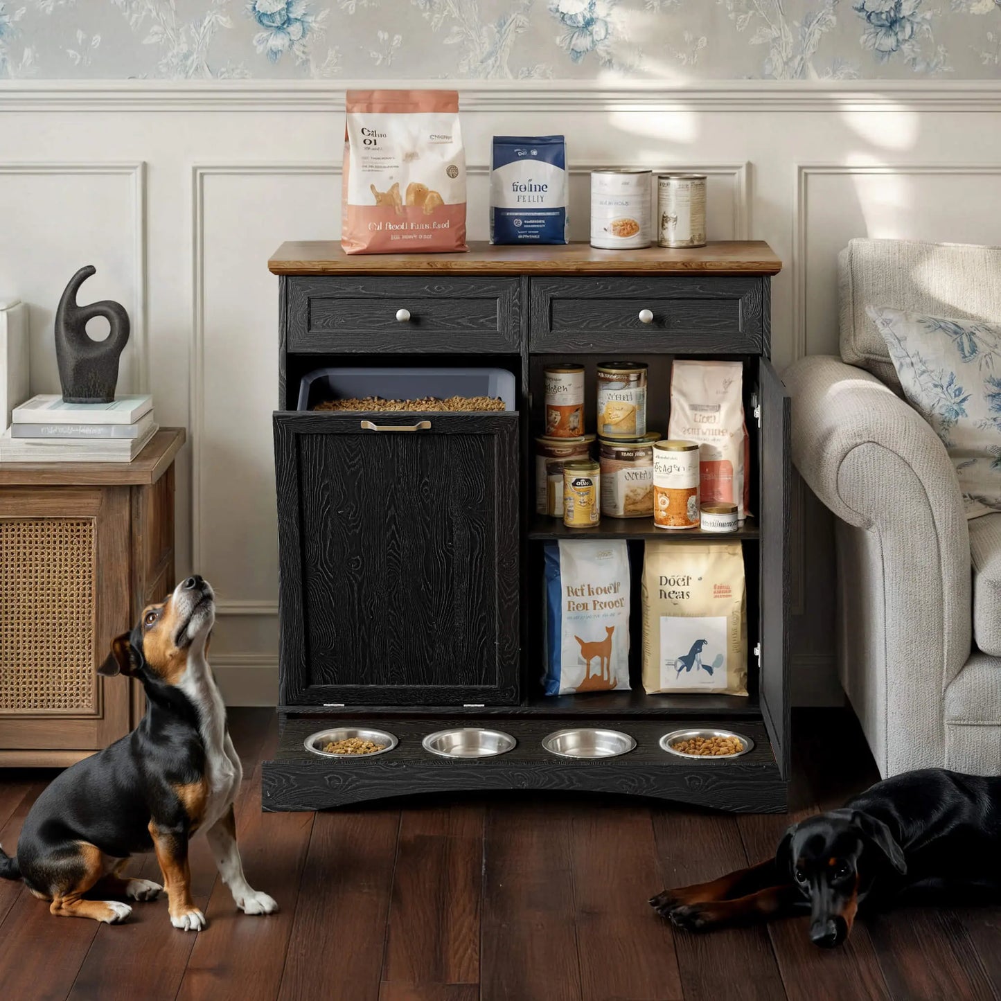 Engineered Wood Pet Feeding Station Cabinet with Dual Tiltable Doors for Dog Food and Clothing Storage, Featuring Tilt-Out Design and 4 Feeding Bowls for Convenient Access