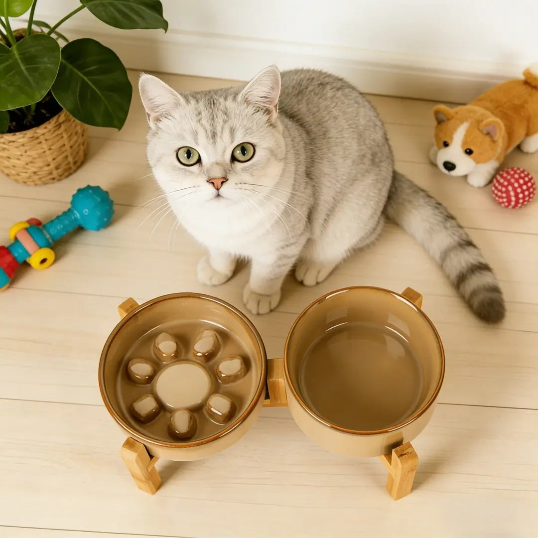 Elevated Double Bowl Feeding Station with Bamboo Wood Stand and Ceramic Bowls for Dogs and Cats