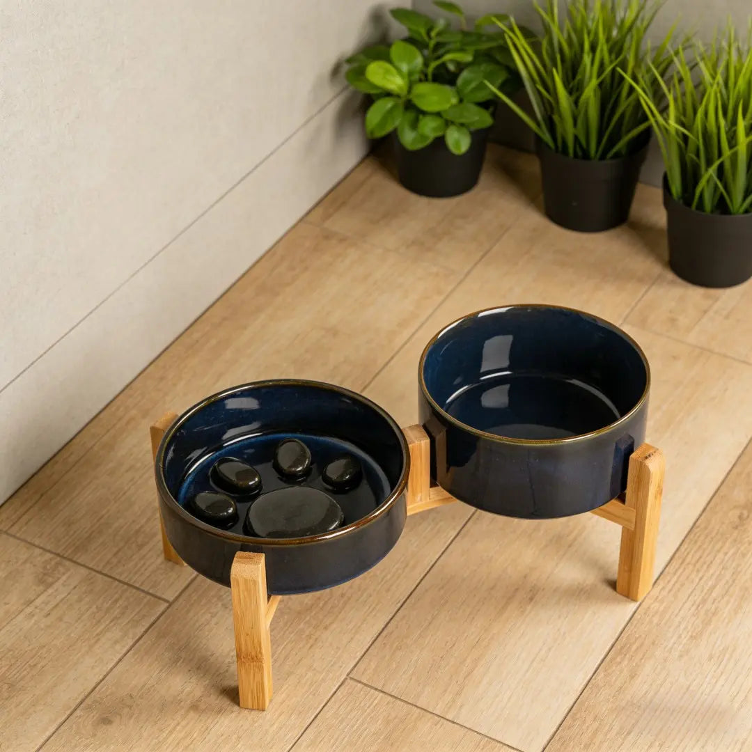 Elevated Double Bowl Feeding Station with Bamboo Wood Stand and Ceramic Bowls for Dogs and Cats