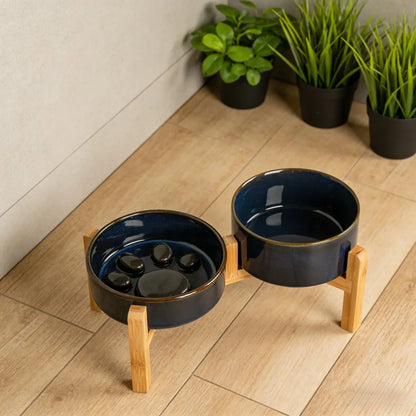 Elevated Double Bowl Feeding Station with Bamboo Wood Stand and Ceramic Bowls for Dogs and Cats