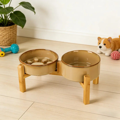 Elevated Double Bowl Feeding Station with Bamboo Wood Stand and Ceramic Bowls for Dogs and Cats