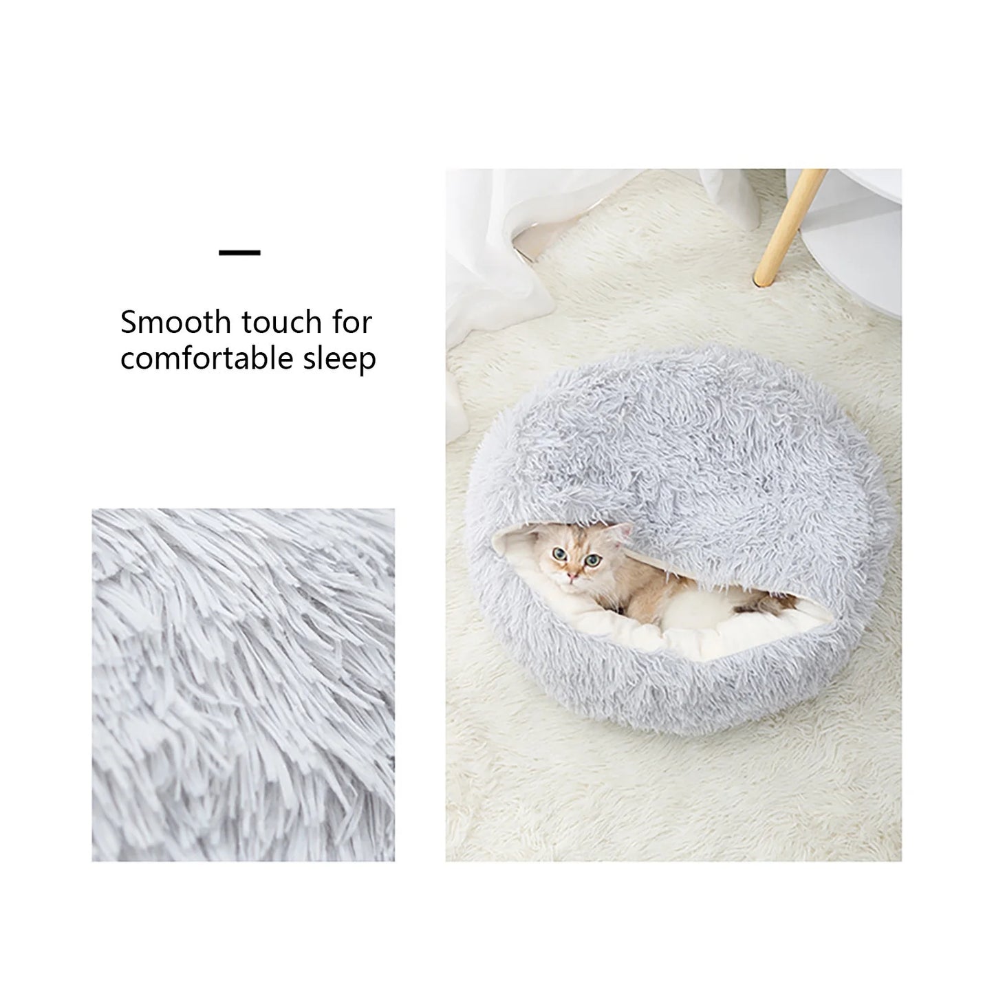 Calming Hooded Pet Bed and Cat Cave with Removable Washable Cover, Round Anti-Slip Faux Fur Bed for Small to Medium Pets Up to 11 lbs