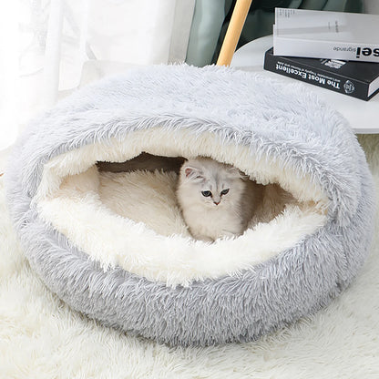 Calming Hooded Pet Bed and Cat Cave with Removable Washable Cover, Round Anti-Slip Faux Fur Bed for Small to Medium Pets Up to 11 lbs