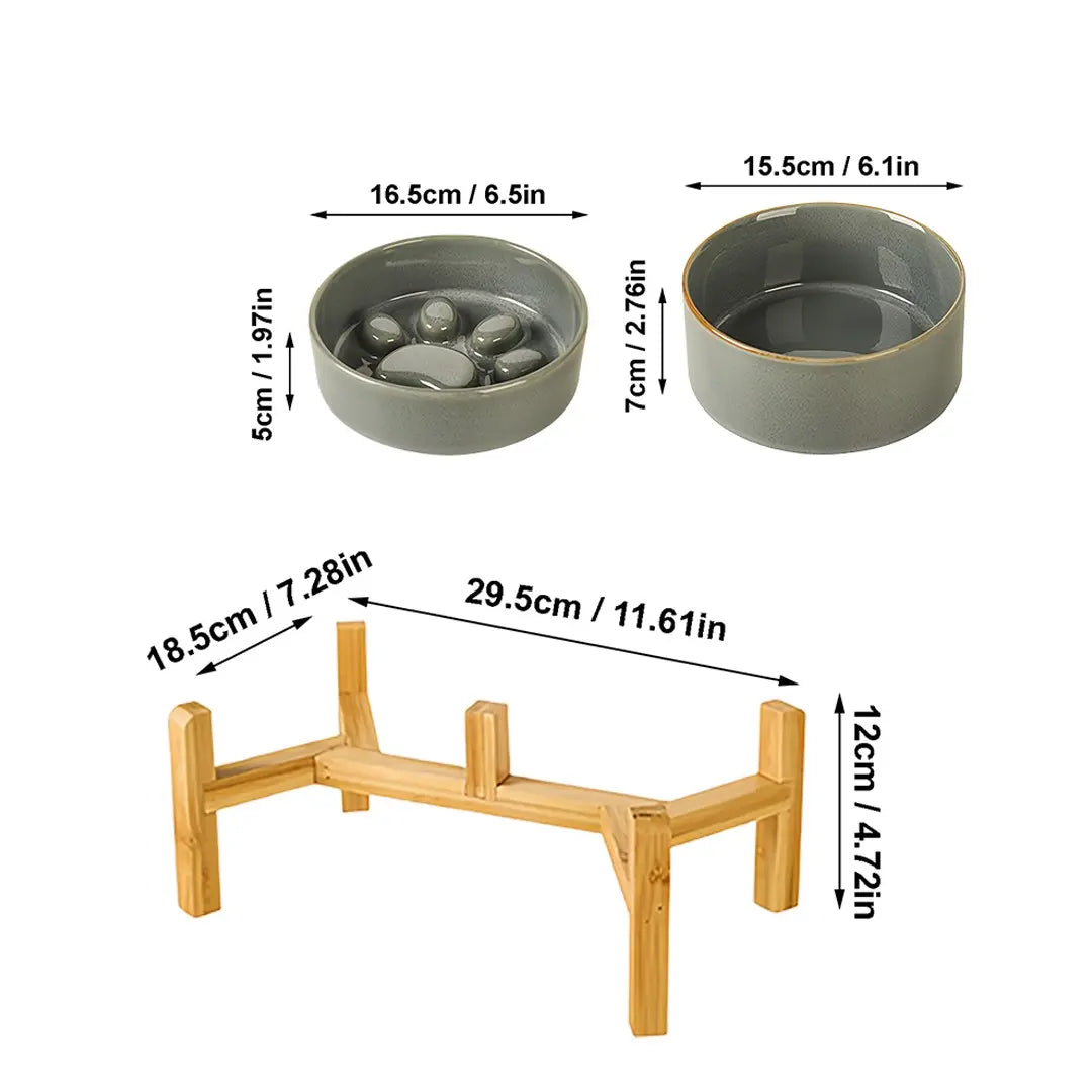 Elevated Double Bowl Feeding Station with Bamboo Wood Stand and Ceramic Bowls for Dogs and Cats