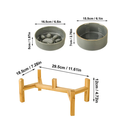 Elevated Double Bowl Feeding Station with Bamboo Wood Stand and Ceramic Bowls for Dogs and Cats