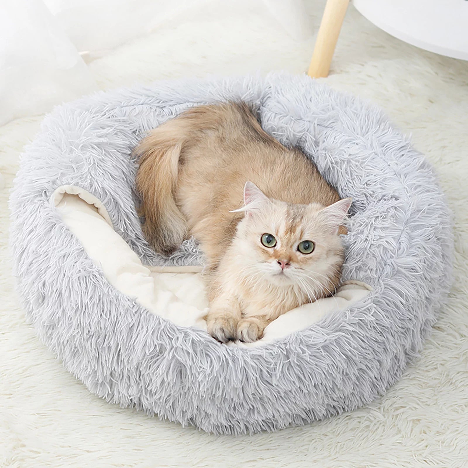 Calming Hooded Pet Bed and Cat Cave with Removable Washable Cover, Round Anti-Slip Faux Fur Bed for Small to Medium Pets Up to 11 lbs