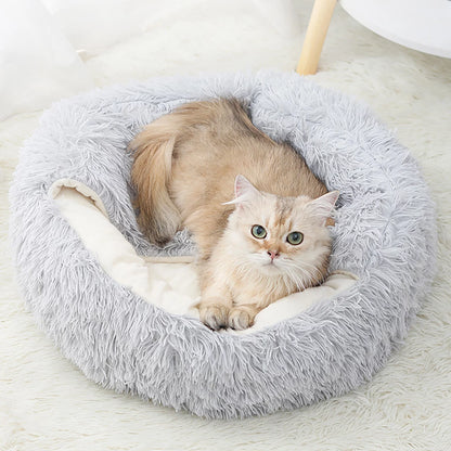 Calming Hooded Pet Bed and Cat Cave with Removable Washable Cover, Round Anti-Slip Faux Fur Bed for Small to Medium Pets Up to 11 lbs