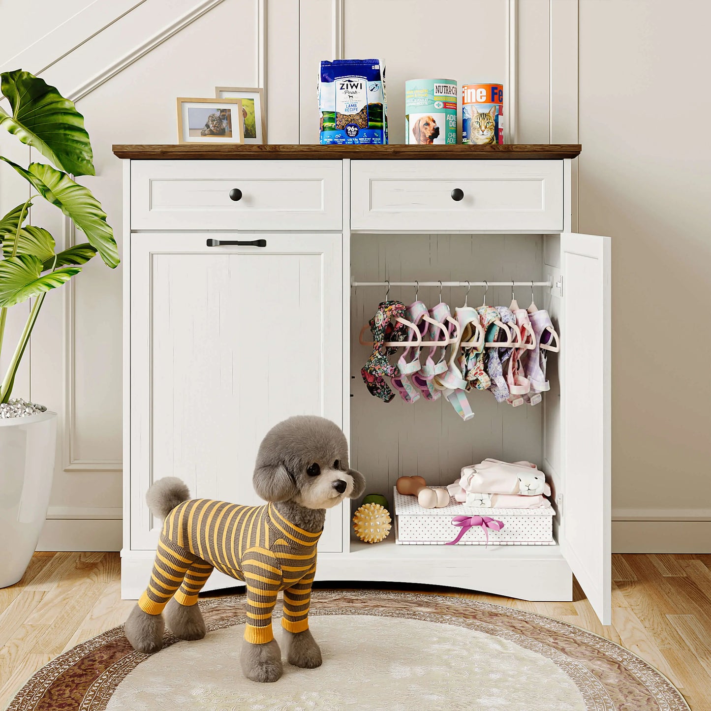 Engineered Wood Pet Feeding Station Cabinet with Dual Tiltable Doors for Dog Food and Clothing Storage, Featuring Tilt-Out Design and 4 Feeding Bowls for Convenient Access