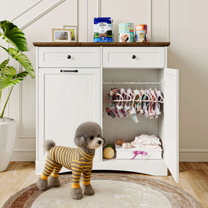 Engineered Wood Pet Feeding Station Cabinet with Dual Tiltable Doors for Dog Food and Clothing Storage, Featuring Tilt-Out Design and 4 Feeding Bowls for Convenient Access