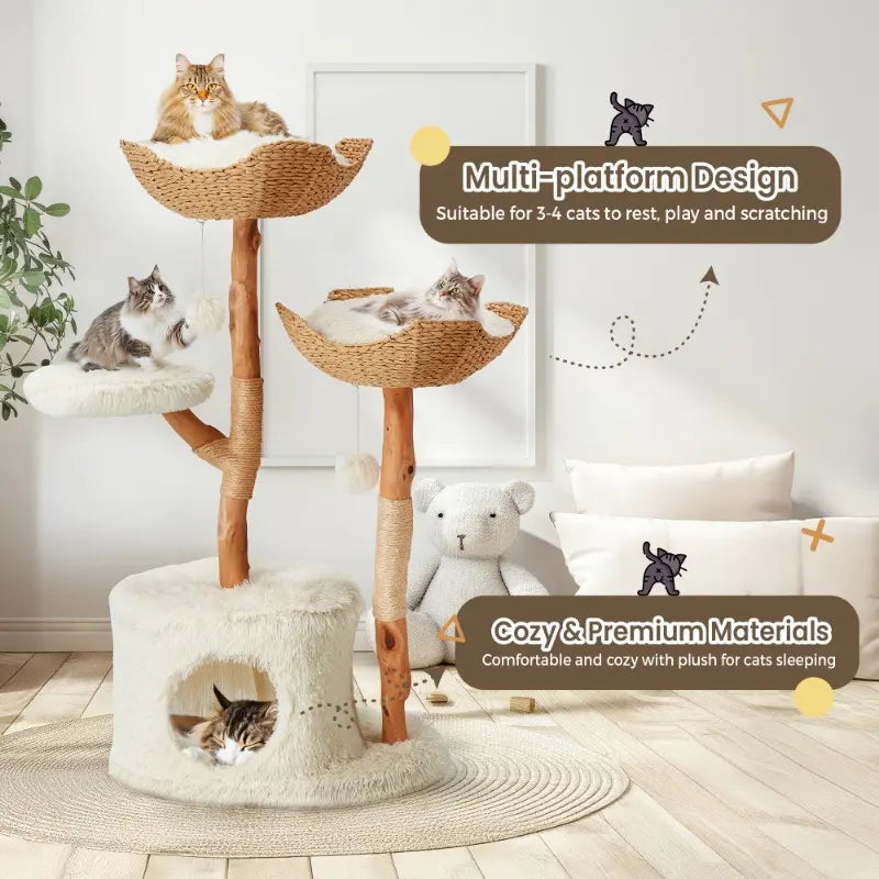 Natural Wood Multi-Level Cat Tower with Hand-Woven Baskets and Condo for Indoor Cats