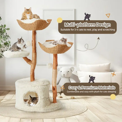 Natural Wood Multi-Level Cat Tower with Hand-Woven Baskets and Condo for Indoor Cats