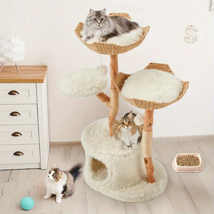 Natural Wood Multi-Level Cat Tower with Hand-Woven Baskets and Condo for Indoor Cats