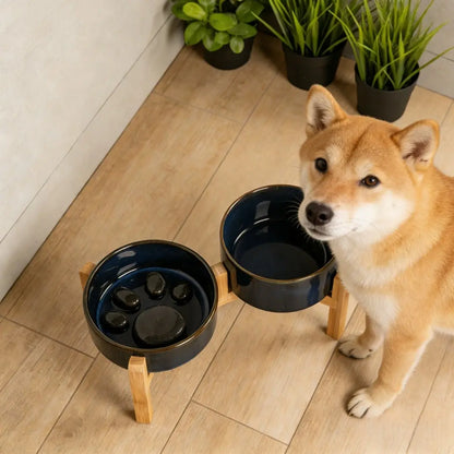 Elevated Double Bowl Feeding Station with Bamboo Wood Stand and Ceramic Bowls for Dogs and Cats