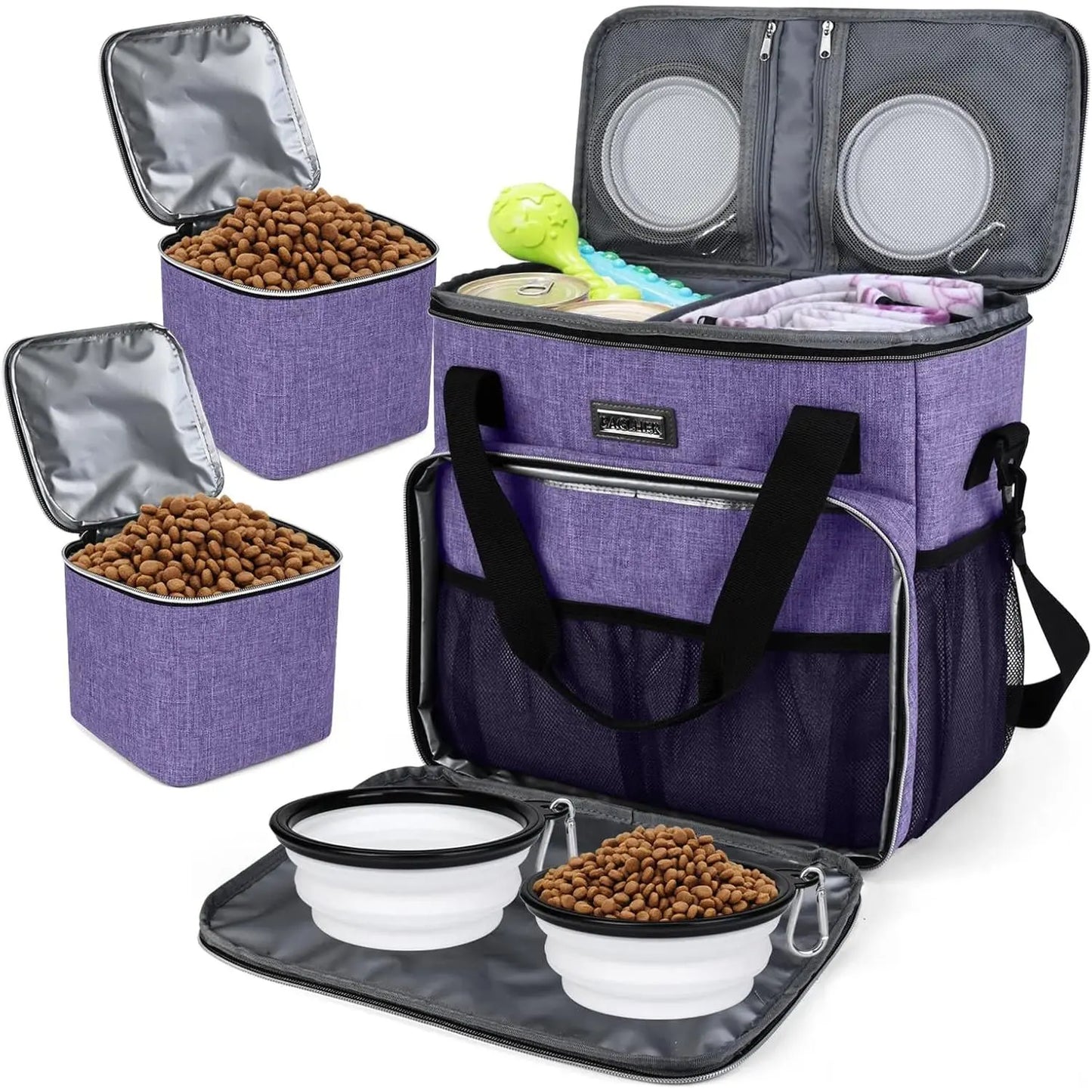 Premium Pet Travel Handbag for Weekend Getaways, Compliant with Aviation Standards, Includes 2 Food Containers and 2 Foldable Silicone Bowls