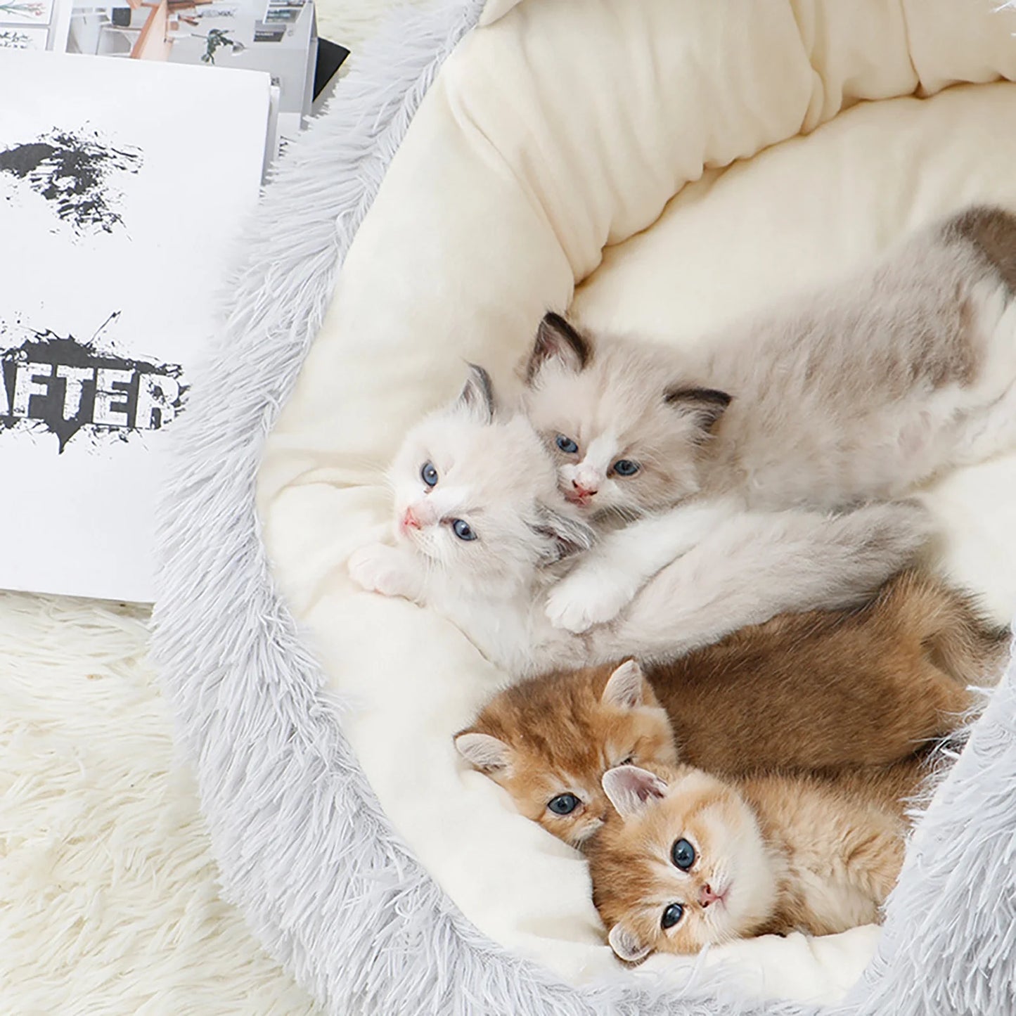 Calming Hooded Pet Bed and Cat Cave with Removable Washable Cover, Round Anti-Slip Faux Fur Bed for Small to Medium Pets Up to 11 lbs