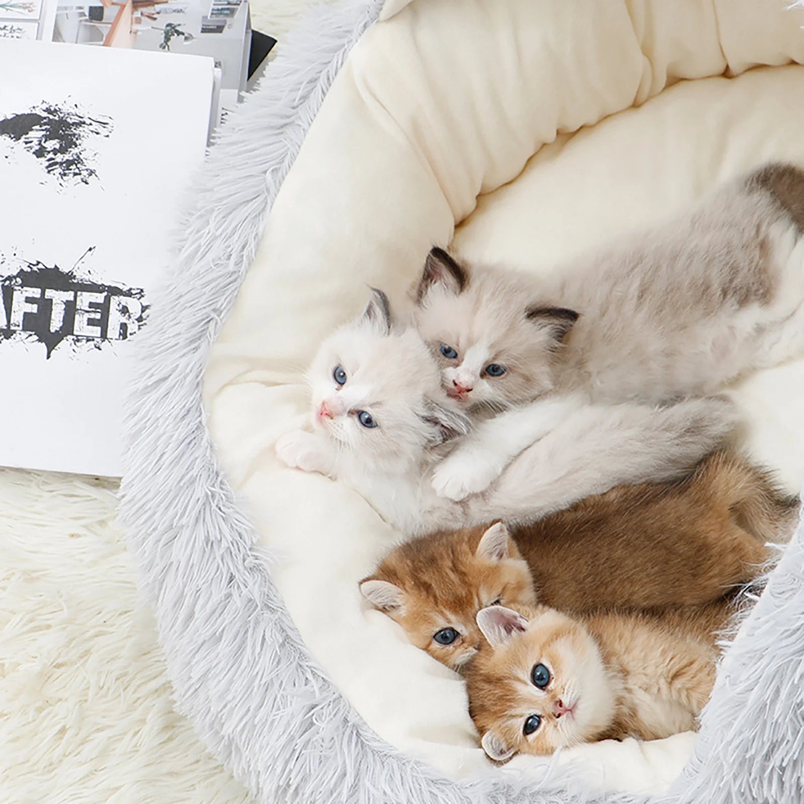 Calming Hooded Pet Bed and Cat Cave with Removable Washable Cover, Round Anti-Slip Faux Fur Bed for Small to Medium Pets Up to 11 lbs