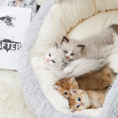 Calming Hooded Pet Bed and Cat Cave with Removable Washable Cover, Round Anti-Slip Faux Fur Bed for Small to Medium Pets Up to 11 lbs