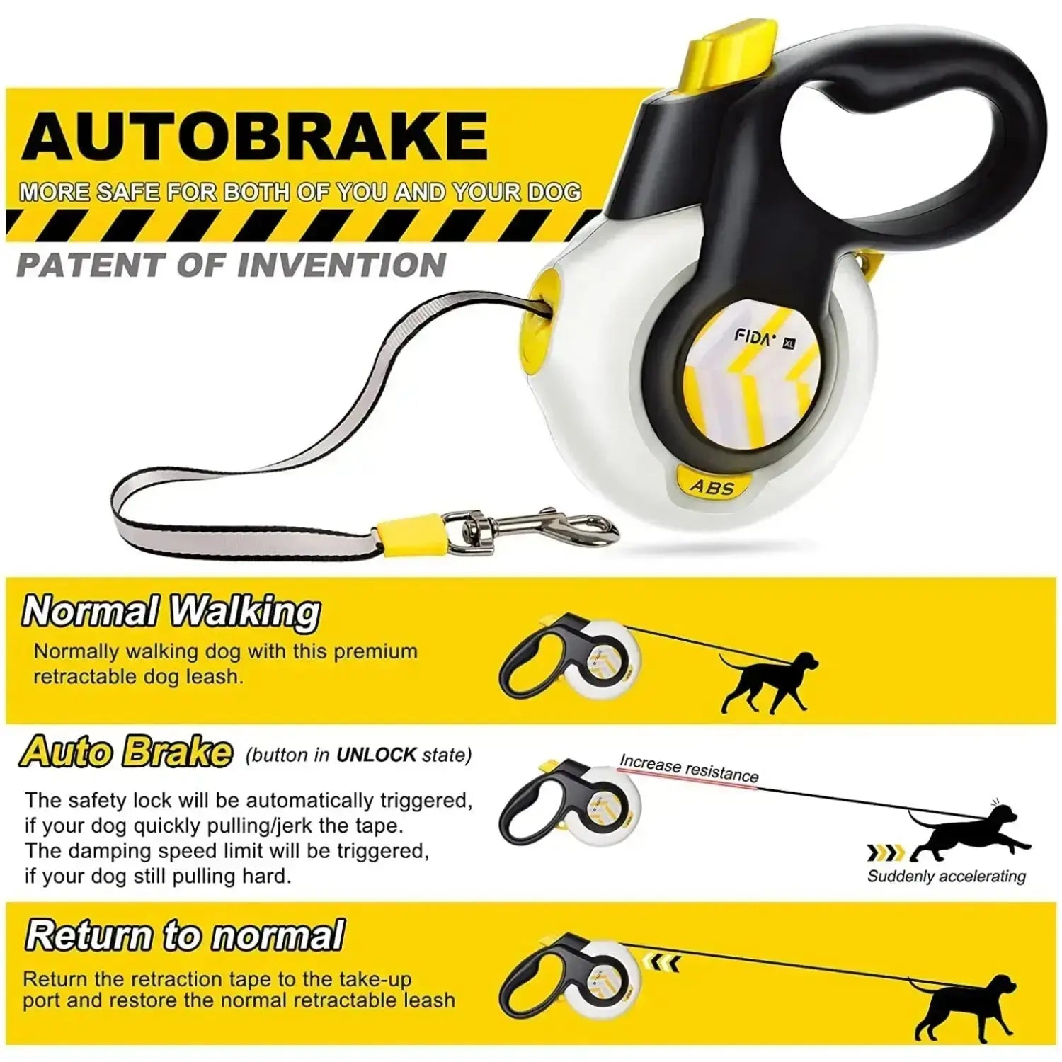 Fida Retractable Dog Leash with Autobrake Technology, 16 Ft Heavy Duty Design for Large and Medium Dogs, Tangle-Free, One-Hand Control, and Soft Grip