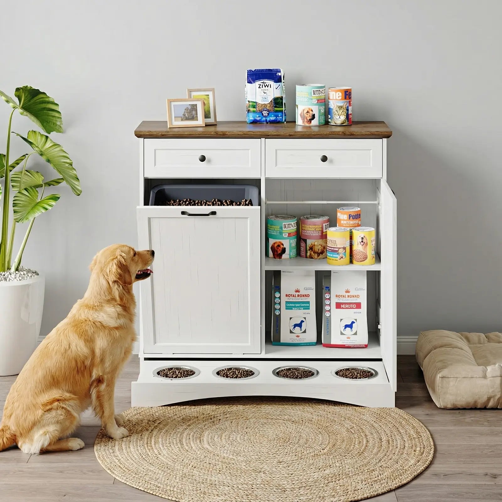Engineered Wood Pet Feeding Station Cabinet with Dual Tiltable Doors for Dog Food and Clothing Storage, Featuring Tilt-Out Design and 4 Feeding Bowls for Convenient Access