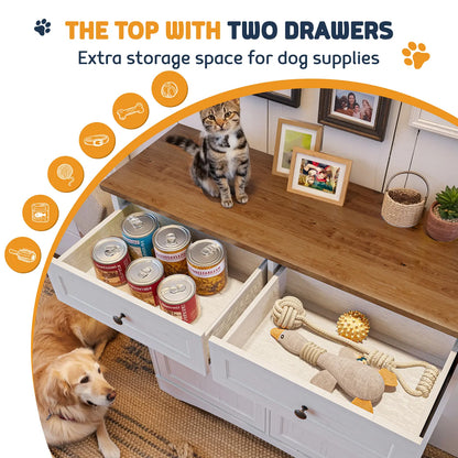 Engineered Wood Pet Feeding Station Cabinet with Dual Tiltable Doors for Dog Food and Clothing Storage, Featuring Tilt-Out Design and 4 Feeding Bowls for Convenient Access