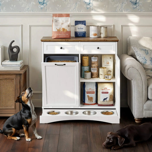 Engineered Wood Pet Feeding Station Cabinet with Dual Tiltable Doors for Dog Food and Clothing Storage, Featuring Tilt-Out Design and 4 Feeding Bowls for Convenient Access
