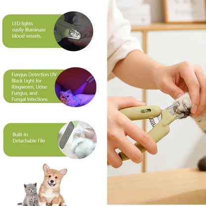 Professional Pet Nail Trimmer with LED Light and UV Lamp - Safe Grooming, Sharp Blades, Built-In Nail File, Nail Collector, Non-Slip Ergonomic Handle for All Sizes