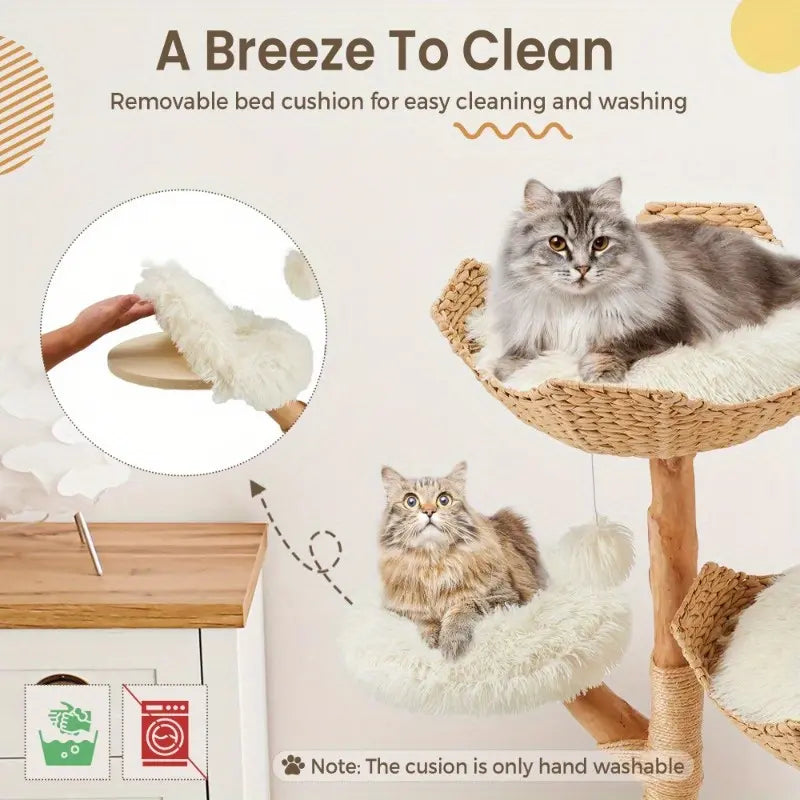 Natural Wood Multi-Level Cat Tower with Hand-Woven Baskets and Condo for Indoor Cats