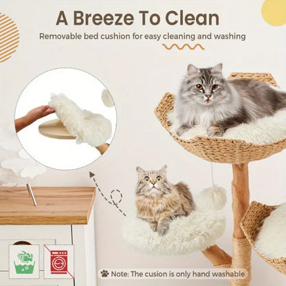 Natural Wood Multi-Level Cat Tower with Hand-Woven Baskets and Condo for Indoor Cats