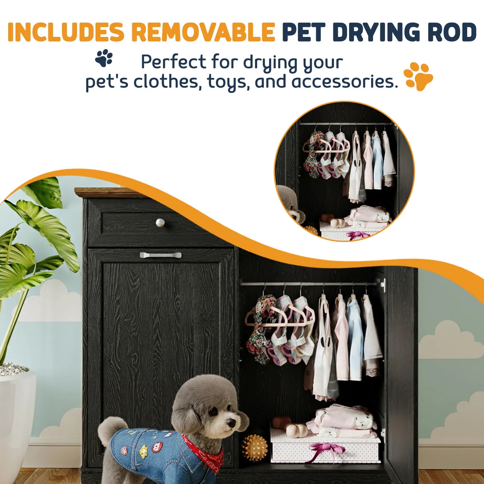 Engineered Wood Pet Feeding Station Cabinet with Dual Tiltable Doors for Dog Food and Clothing Storage, Featuring Tilt-Out Design and 4 Feeding Bowls for Convenient Access