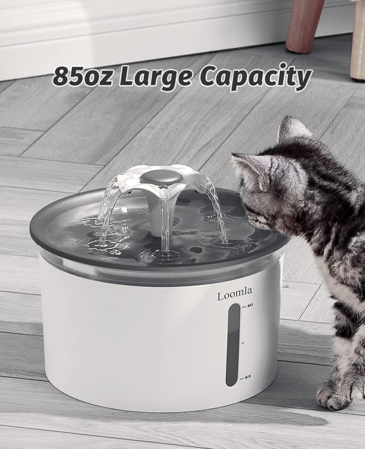 Automatic Pet Water Fountain, 85 Oz/2.5L Indoor Dispenser for Cats and Dogs with LED Lighting and Two Replacement Filters (Dark Gray)