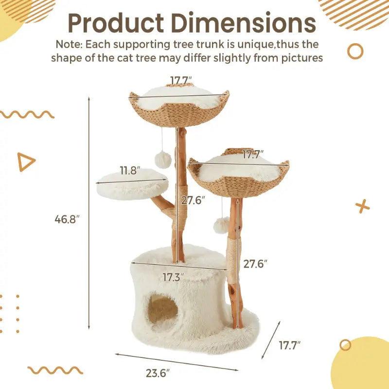 Natural Wood Multi-Level Cat Tower with Hand-Woven Baskets and Condo for Indoor Cats