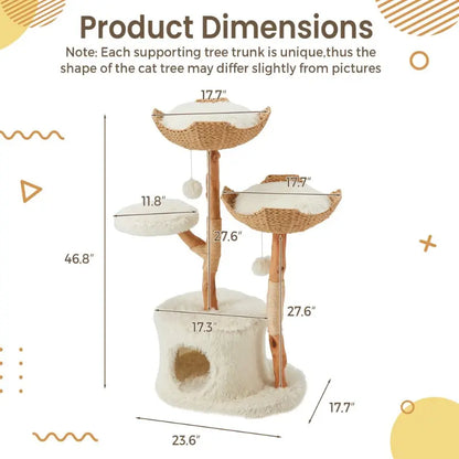 Natural Wood Multi-Level Cat Tower with Hand-Woven Baskets and Condo for Indoor Cats