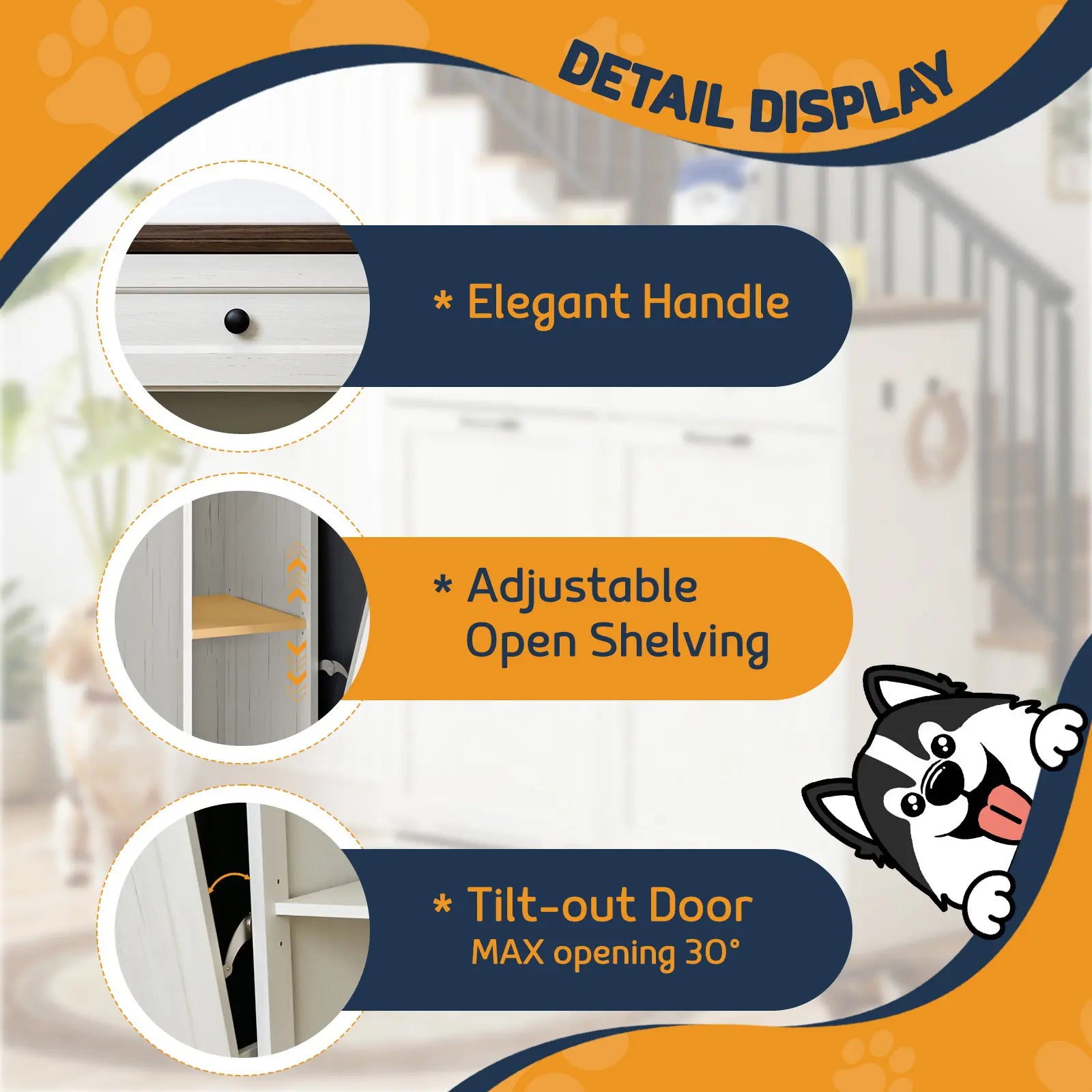 Engineered Wood Pet Feeding Station Cabinet with Dual Tiltable Doors for Dog Food and Clothing Storage, Featuring Tilt-Out Design and 4 Feeding Bowls for Convenient Access