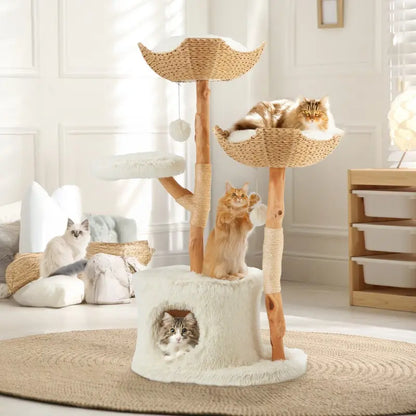 Natural Wood Multi-Level Cat Tower with Hand-Woven Baskets and Condo for Indoor Cats