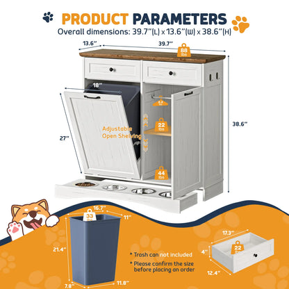 Engineered Wood Pet Feeding Station Cabinet with Dual Tiltable Doors for Dog Food and Clothing Storage, Featuring Tilt-Out Design and 4 Feeding Bowls for Convenient Access