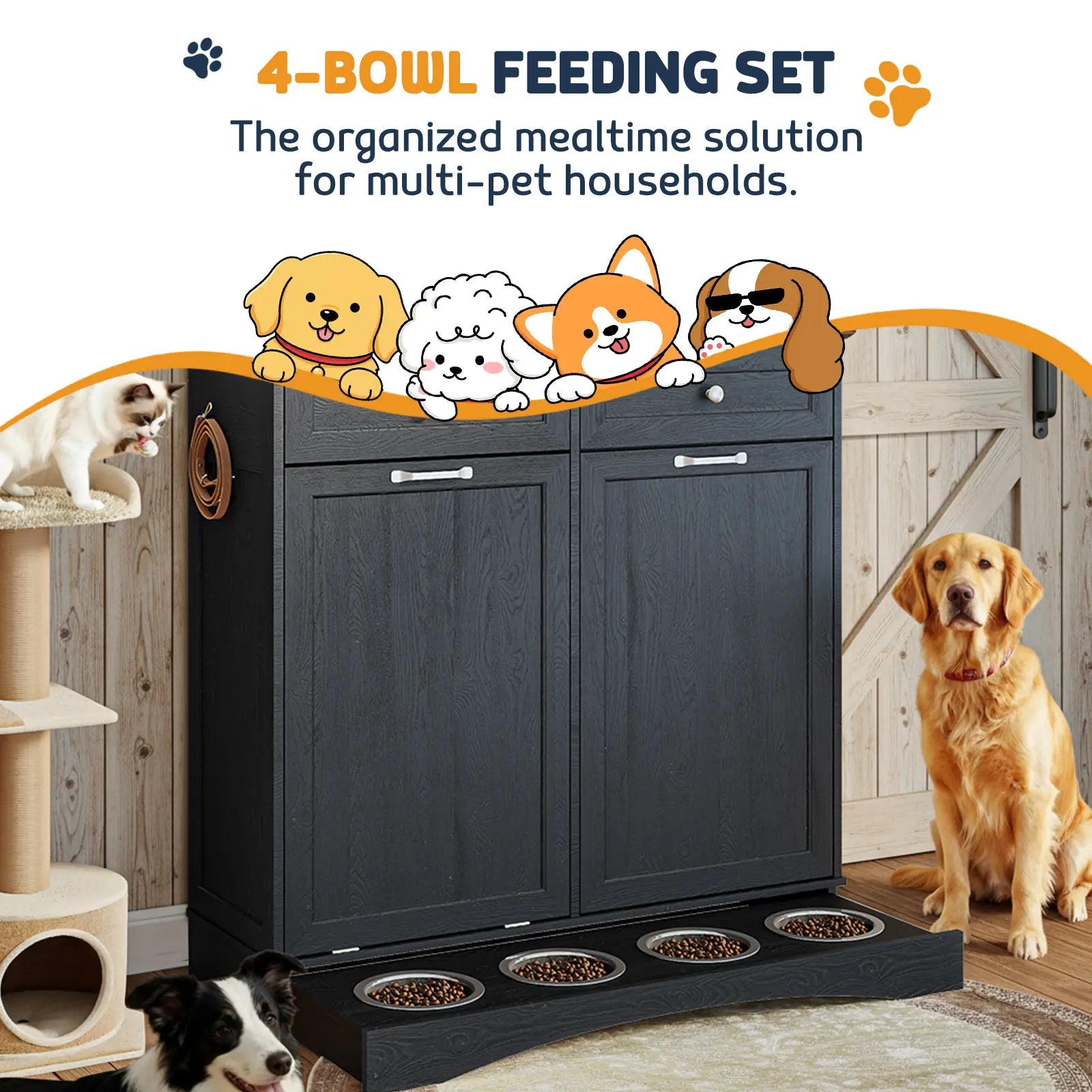 Engineered Wood Pet Feeding Station Cabinet with Dual Tiltable Doors for Dog Food and Clothing Storage, Featuring Tilt-Out Design and 4 Feeding Bowls for Convenient Access