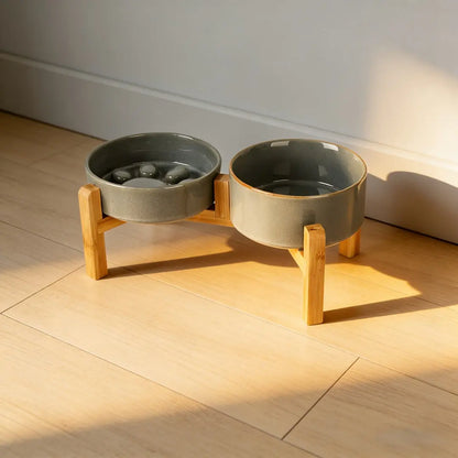Elevated Double Bowl Feeding Station with Bamboo Wood Stand and Ceramic Bowls for Dogs and Cats