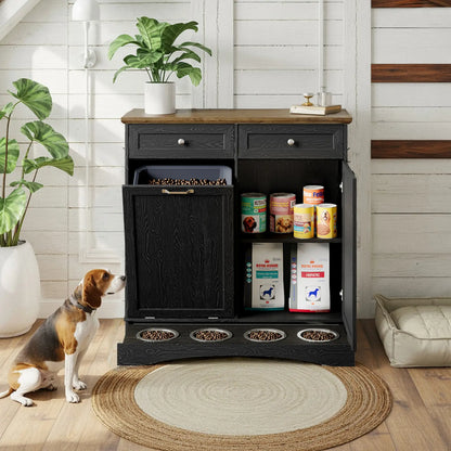 Engineered Wood Pet Feeding Station Cabinet with Dual Tiltable Doors for Dog Food and Clothing Storage, Featuring Tilt-Out Design and 4 Feeding Bowls for Convenient Access