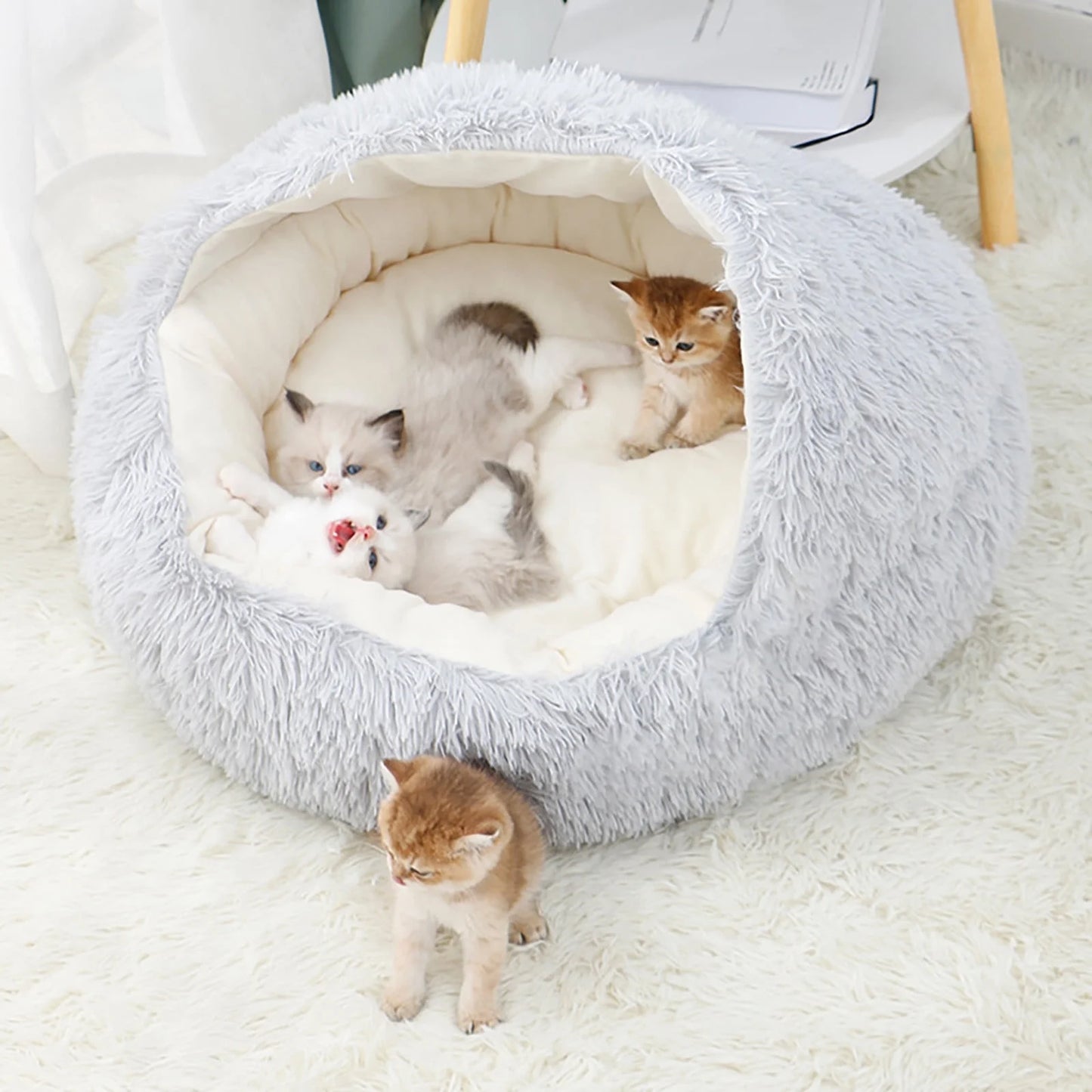 Calming Hooded Pet Bed and Cat Cave with Removable Washable Cover, Round Anti-Slip Faux Fur Bed for Small to Medium Pets Up to 11 lbs