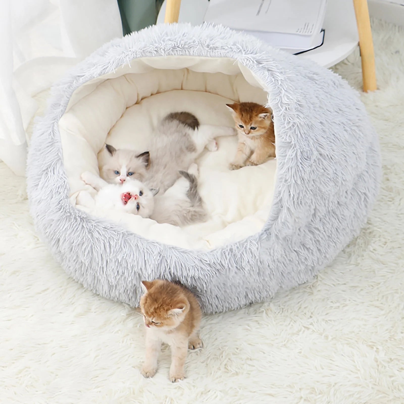 Calming Hooded Pet Bed and Cat Cave with Removable Washable Cover, Round Anti-Slip Faux Fur Bed for Small to Medium Pets Up to 11 lbs