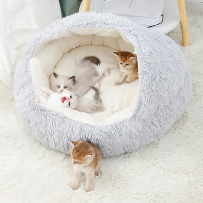 Calming Hooded Pet Bed and Cat Cave with Removable Washable Cover, Round Anti-Slip Faux Fur Bed for Small to Medium Pets Up to 11 lbs