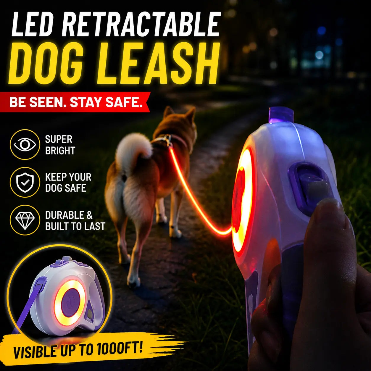 Pawzseek LED Retractable Dog Leash for Enhanced Nighttime Walking Experience