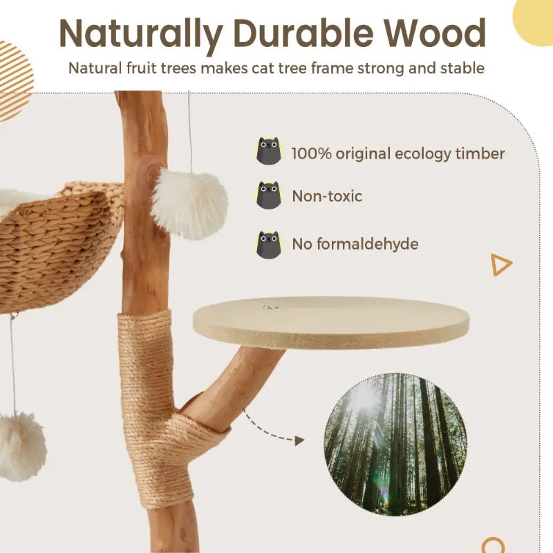 Natural Wood Multi-Level Cat Tower with Hand-Woven Baskets and Condo for Indoor Cats