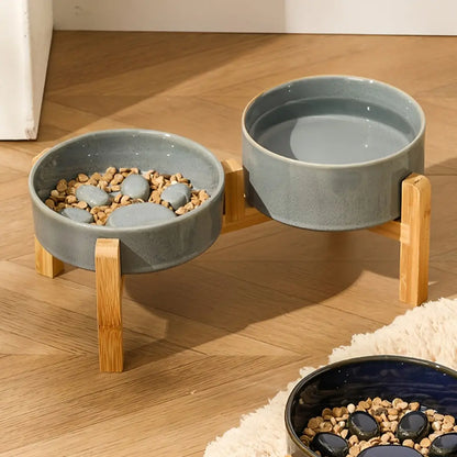 Elevated Double Bowl Feeding Station with Bamboo Wood Stand and Ceramic Bowls for Dogs and Cats