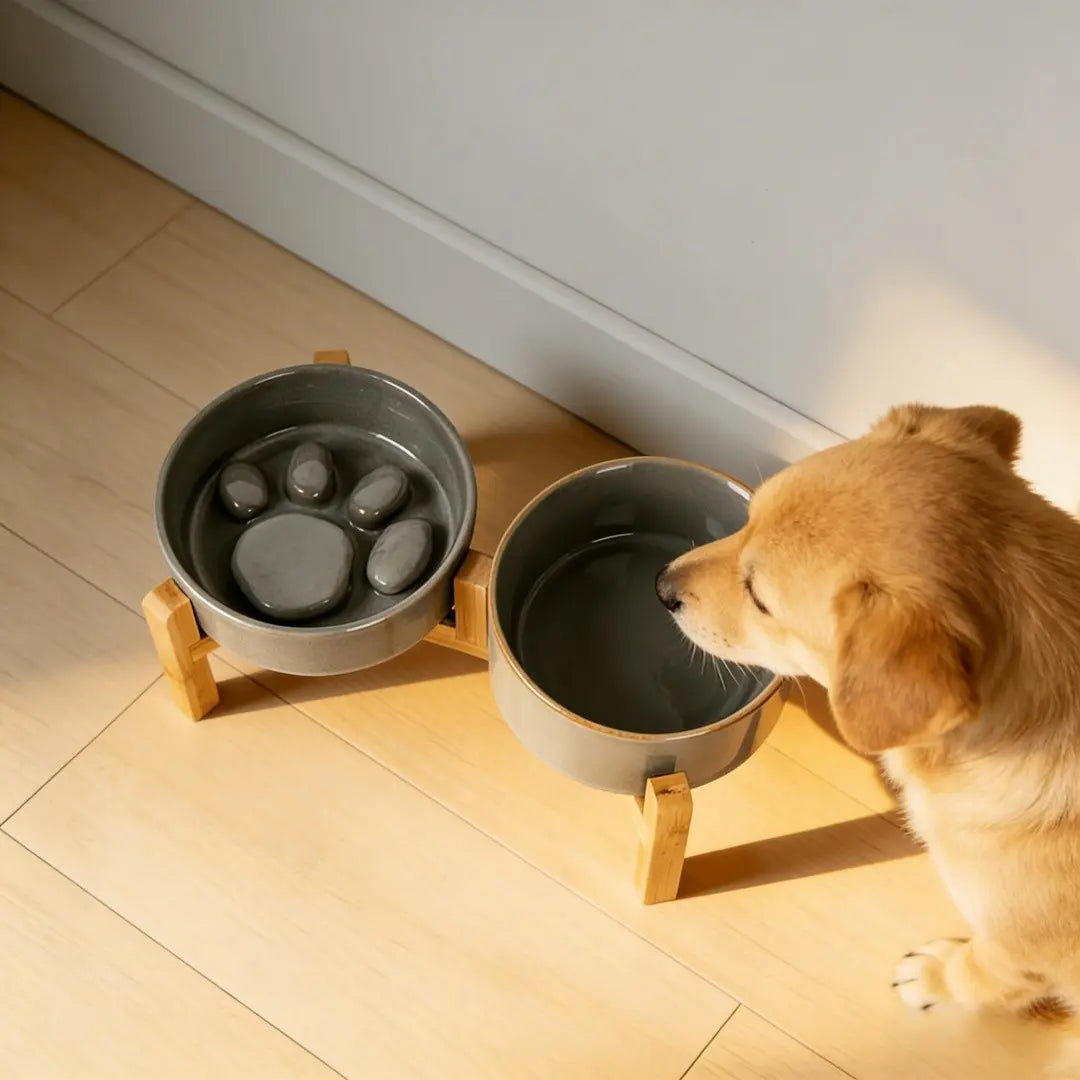 Elevated Double Bowl Feeding Station with Bamboo Wood Stand and Ceramic Bowls for Dogs and Cats