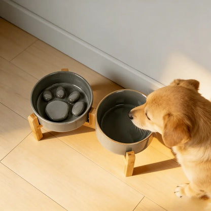 Elevated Double Bowl Feeding Station with Bamboo Wood Stand and Ceramic Bowls for Dogs and Cats