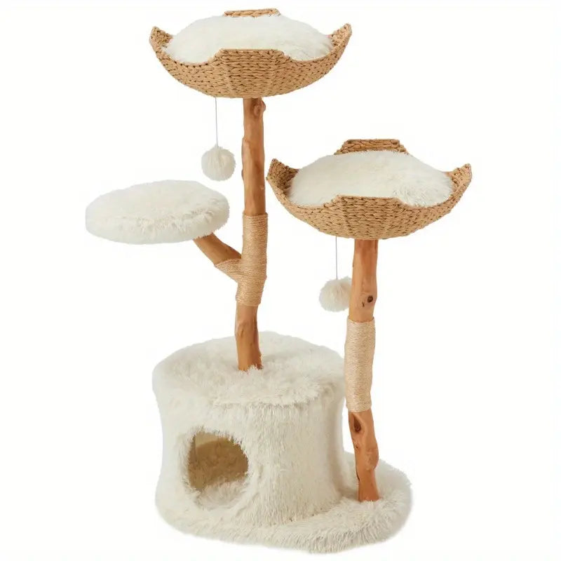 Natural Wood Multi-Level Cat Tower with Hand-Woven Baskets and Condo for Indoor Cats