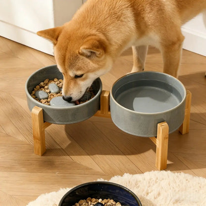 Elevated Double Bowl Feeding Station with Bamboo Wood Stand and Ceramic Bowls for Dogs and Cats