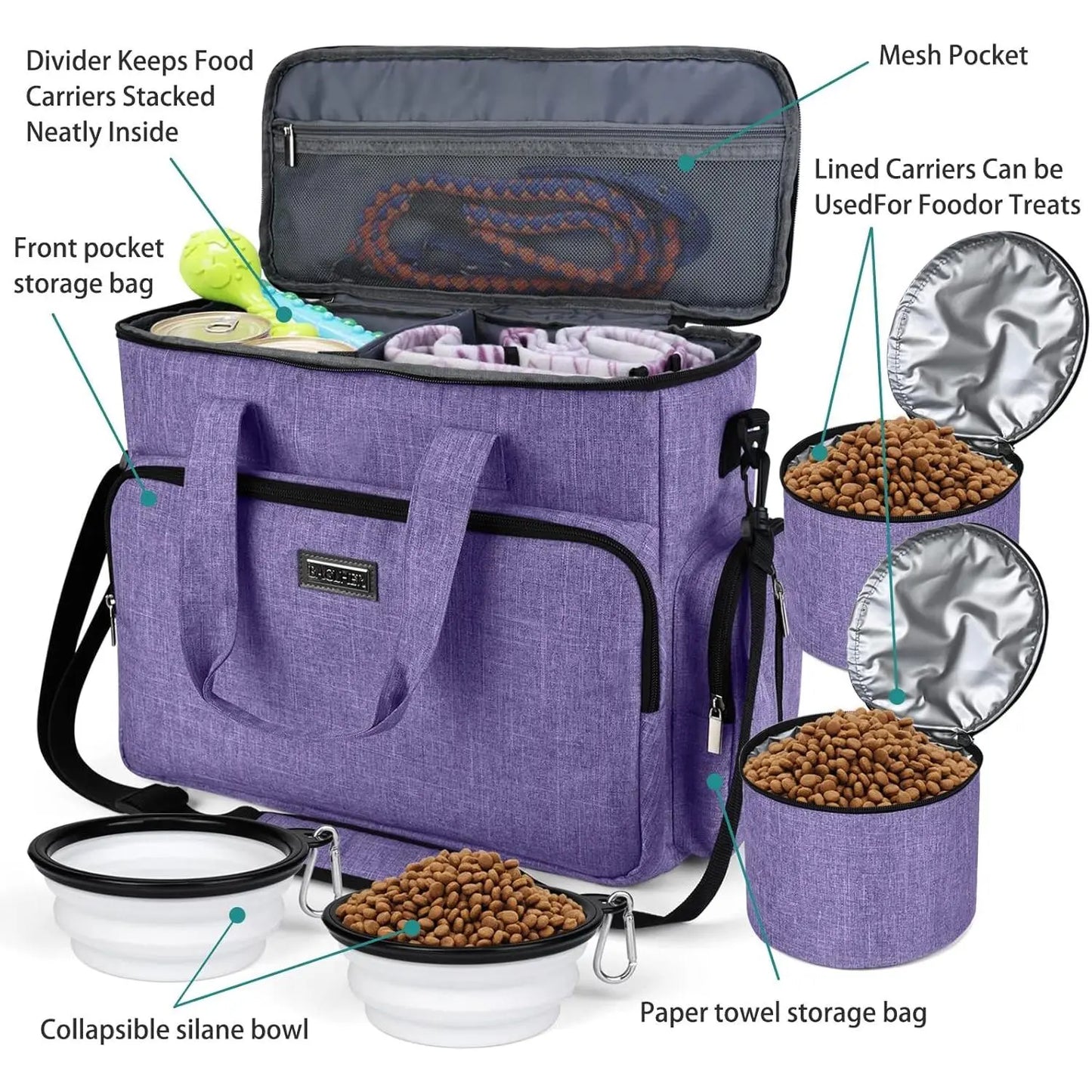 Premium Pet Travel Handbag for Weekend Getaways, Compliant with Aviation Standards, Includes 2 Food Containers and 2 Foldable Silicone Bowls